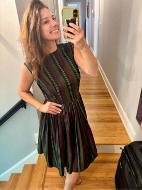 Vintage 1960s Craely Striped Full Skirt Dress Green Burgundy Mod MCM
